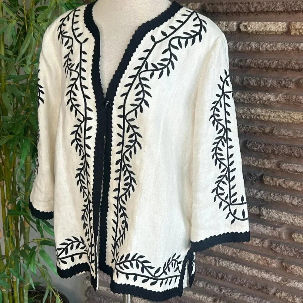 Linea by Louis Dell’Olio White Linen Black Embroidered Jacket Size XL